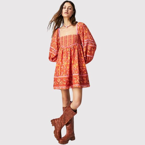 Free People Womens Dress Orange Endless Afternoon Mini Floral Puffed Boho Large - Picture 1 of 13